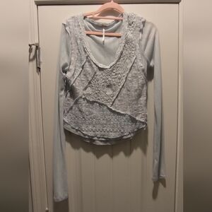 Free People Pale Blue Crochet-Layer Long Sleeve Top